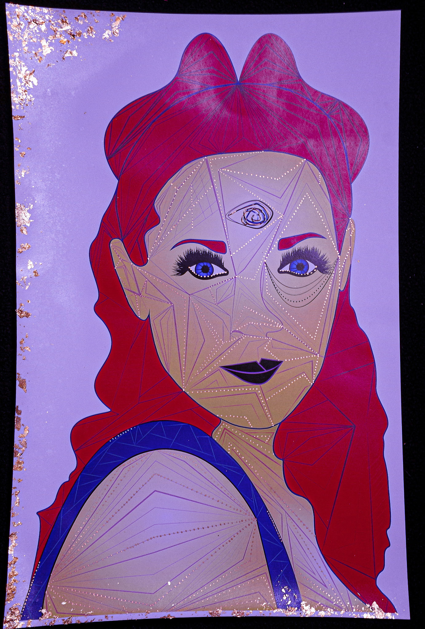 Final Comp under violet lighting,. I chose this because it hid the violet lines leaving only the gold to be seen. I liked that it felt alien.